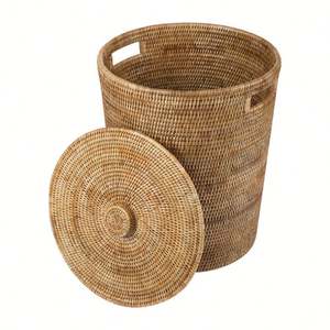 Cesta de Basura Redonda de Ratán Natural Hecha a Mano con Tapa, Cesta de Plantas de Ratán - Product Image 2