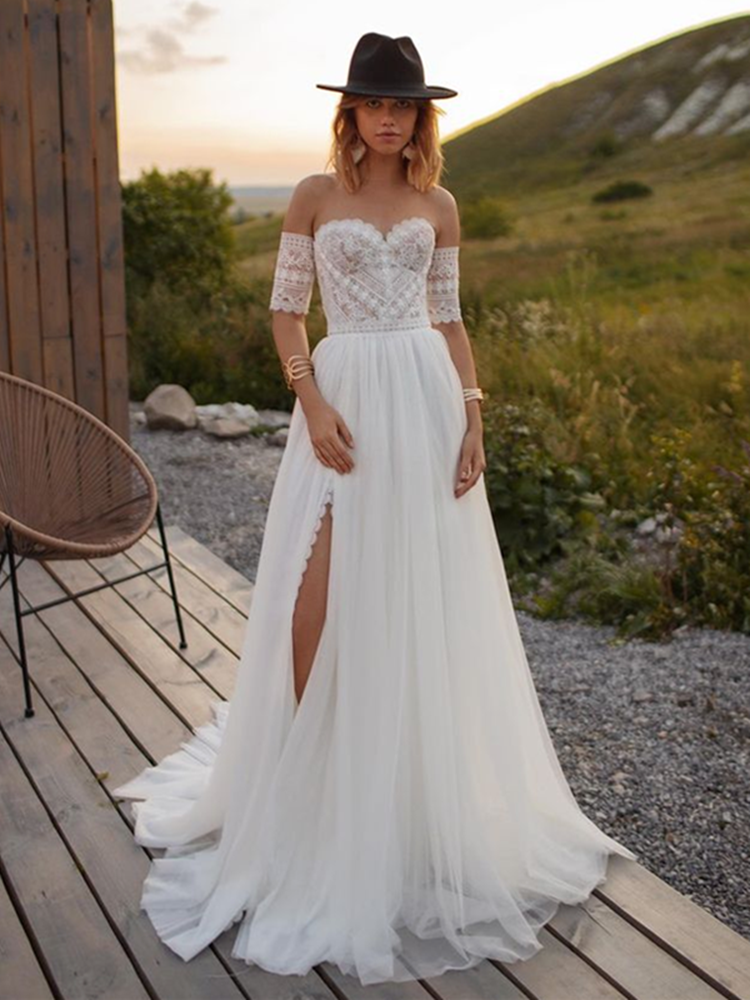 simple wedding dresses flowy Unique Grey Chiffon A-line Off Shoulder Wedding Dress, Wedding Gown, MW712