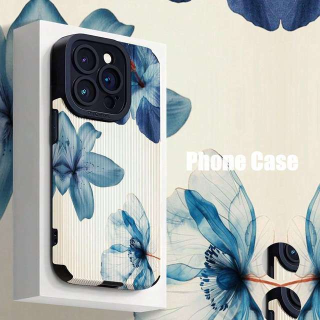 Fashionable Retro Blue Floral Vertical Stripe High-End Mobile Phone Case for iphone 17 15 Promax Shell Back Cover