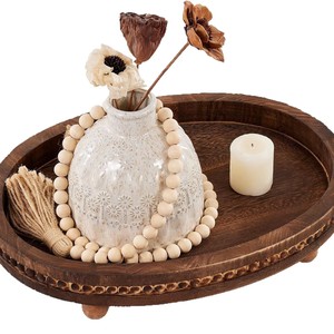 Wooden Beaded <b>Tray</b> Round Solid Wood <b>Storage</b> <b>Tray</b> With Feet For Home Decor Coffee Shop Use - Product Image 5