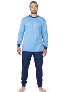 Ensemble de pyjama pour homme à manches longues, bleu uni, en coton tricoté, vêtements de nuit décontractés, pantalon de jogging pour la maison, saison printemps - Product Image 1