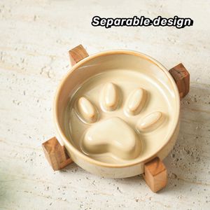 Mangkuk Makan Anjing Keramik Slow Feeder Baru, Mangkuk Keramik Hewan Peliharaan dengan Alas Kayu Anti-Selip, Mangkuk Makan Kucing Keramik Slow Feeder yang Ditinggikan - Product Image 5