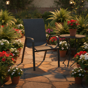 Chaise de jardin empilable portable en rotin et acier, tissée à la machine, style moderne et décontracté, pour l'extérieur, le salon et l'hôtellerie - Product Image 3