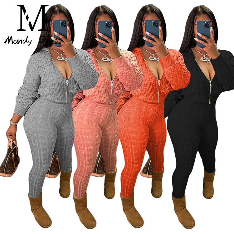American Clothing Knitted 2 Piece Suit For Ladies Hooded Streetwear Winter Women Sweater Two Piece Set
