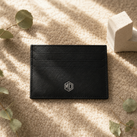 Porte-cartes en cuir Saffiano noir, étui fin pour cartes avec plusieurs fentes horizontales, design à bords géométriques, étiquette privée OEM ODM