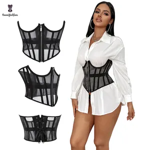 See Through Lace Corset Belt Waist Corset Top Women Mesh Open Cup Lace Up Boned Bustier Underbust Corset Waist Cinchers