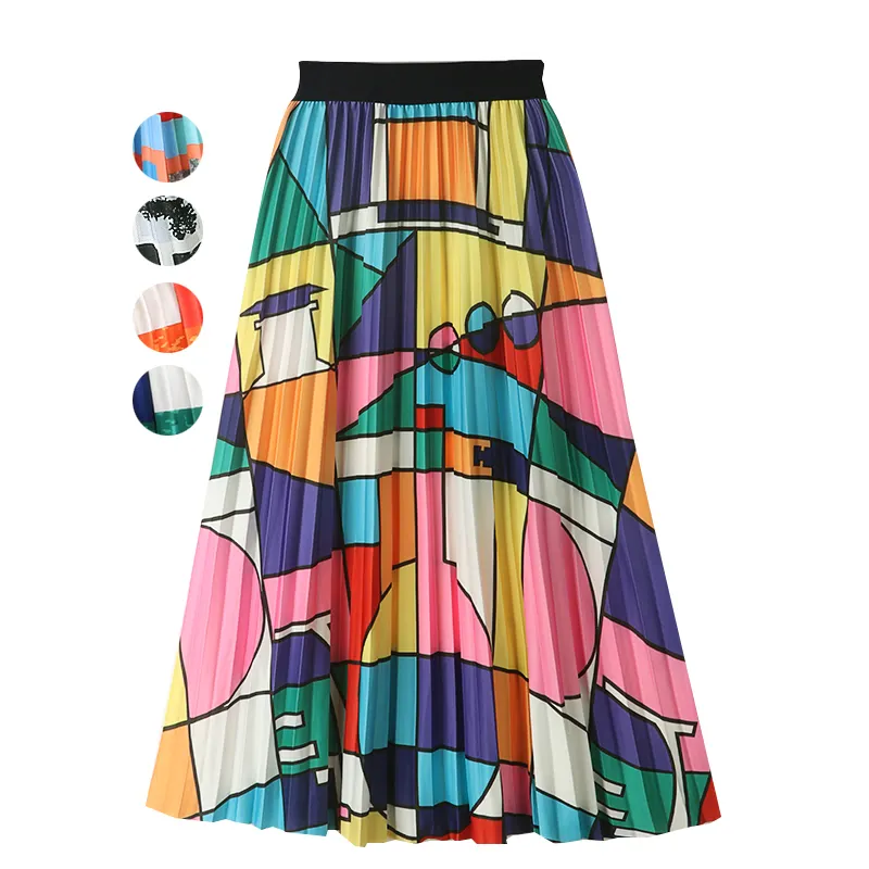 Korean Fashion High Waist Skirts for Woman Spell Color Graffiti Streetwear A-line Midi Skirt Women Chic Kawaii Long Pleated Jupe