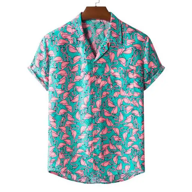 قميص رجالي بتصميم طائر الفلامنجو, قميص رجالي أنيق مطبوع عليه شعار هاواي ذو أكمام قصيرة مناسب للشاطئ ويمكن ارتدائه في الحفلات والعطلات