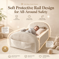 Lit de sol en mousse, canapé-lit confortable en tissu velours côtelé avec tête de lit et barrière de sécurité, cadre de canapé-lit avec poche de rangement