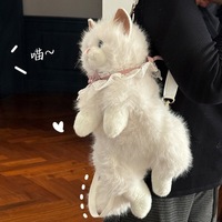 Sac à dos en peluche chat réaliste, sac en forme d'animal en peluche doux, gris et blanc, avec col en dentelle et nœud, cadeau unisexe, design chaton de dessin animé, 31-50cm