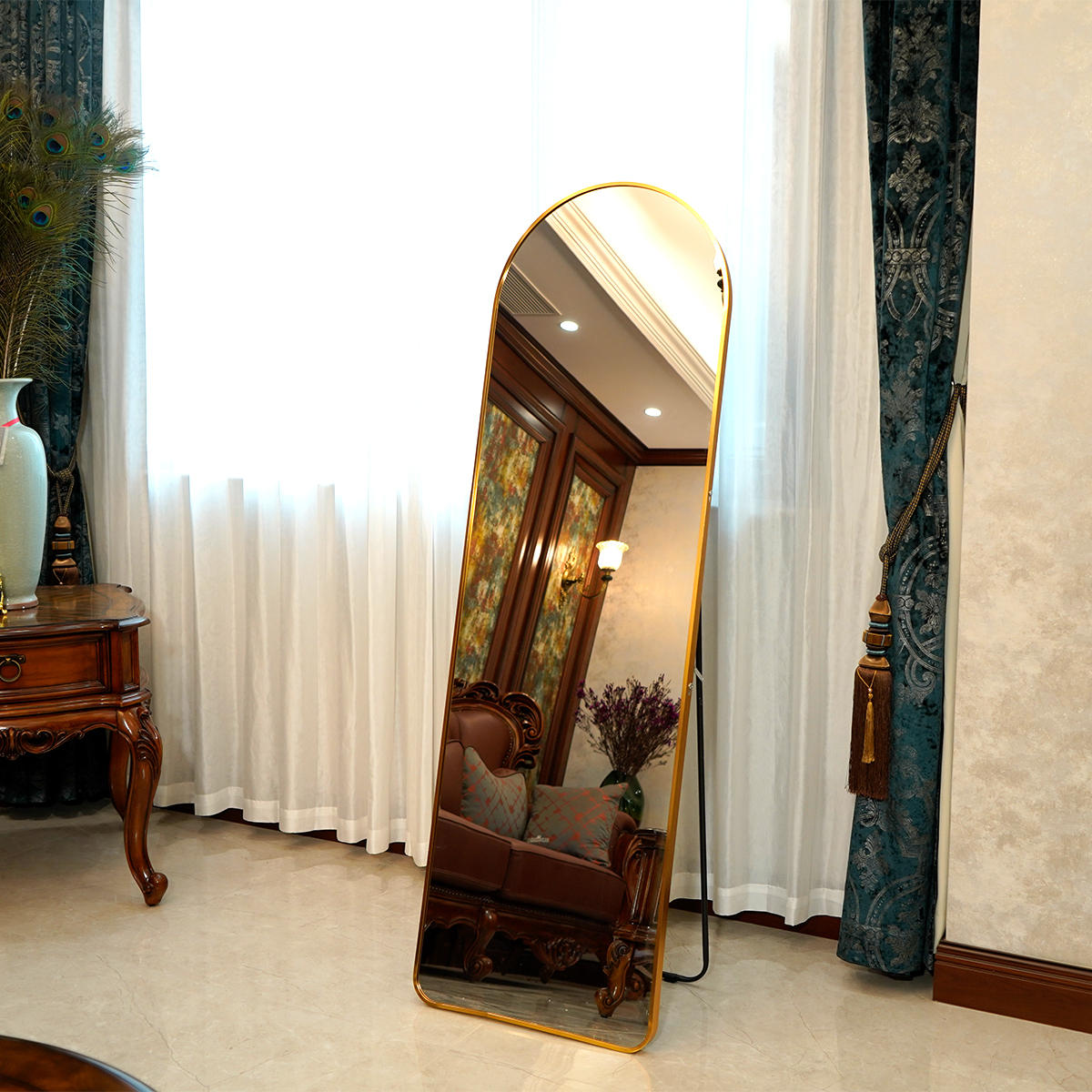 Full-body Art Deco Arched Glass Mirror with Aluminum Frame; Freestanding Design for Home Use in Bedroom and Dormitory · image 2
