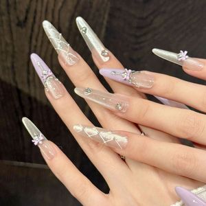 Qianya - Juego <span class=keywords><strong>de</strong></span> <span class=keywords><strong>Uñas</strong></span> Postizas Acrílicas Hechas a Mano, Color Morado Degradado, con <span class=keywords><strong>Diseño</strong></span> <span class=keywords><strong>de</strong></span> Lazo y Mariposa, Talladas en 3D, para Mujer, Venta al por Mayor - Product Image 3