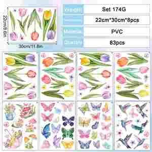 Autocollants de fenêtre en vinyle statique imprimés double face personnalisés en gros, motifs tulipes et papillons, décorations murales pour vitres - Product Image 6