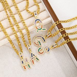 Collier de chaîne à maillons en cuivre à bulle taillé en diamant plaqué or 18 carats à la mode A-Z de pièces jointes cubaines en zircon avec design de style <span class=keywords><strong>lettre</strong></span> - Product Image 2