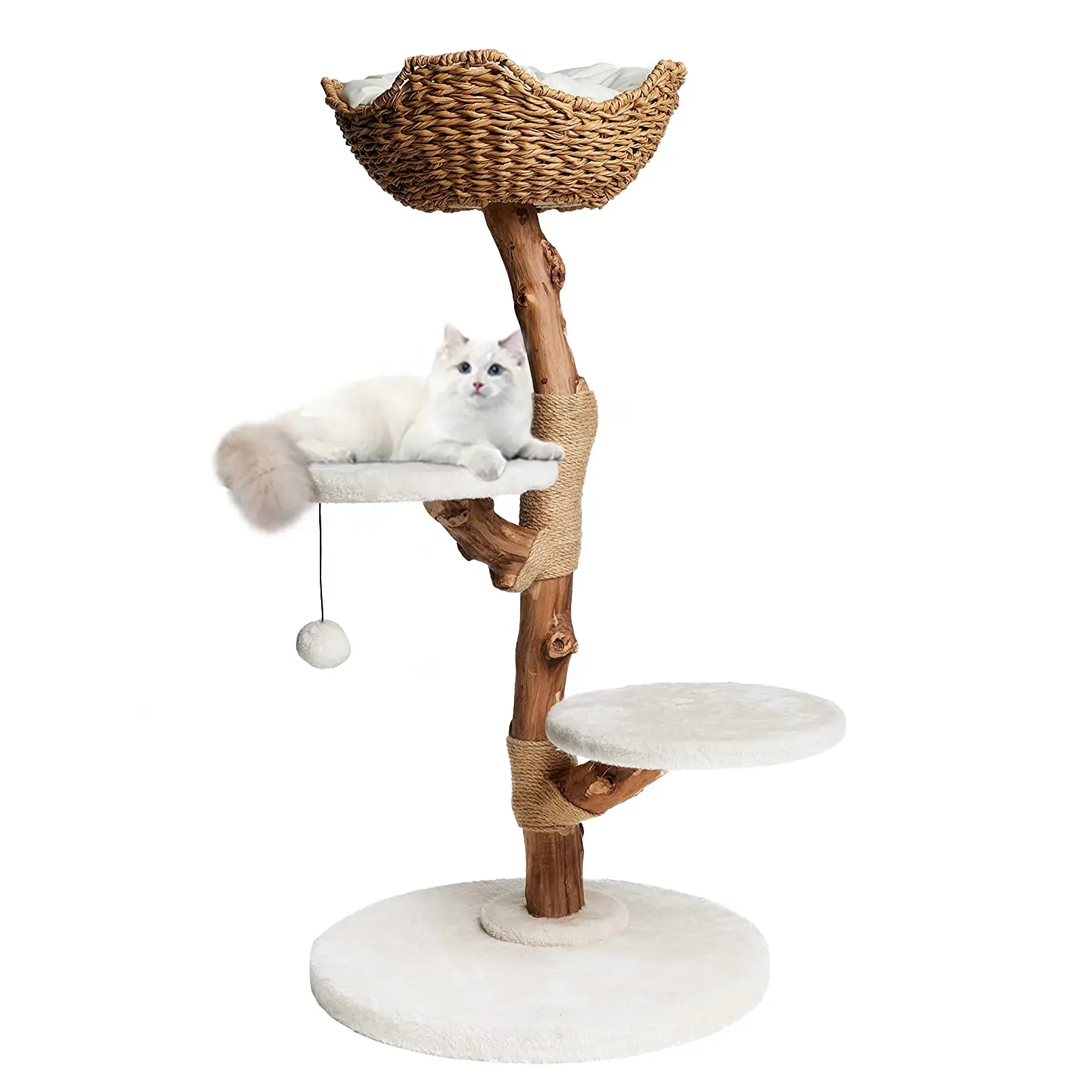 Rustique fait à la main armure corde bois chat Condo arbre gratter tour perchoirs maisons avec poteaux en sisal interactif plume jouet