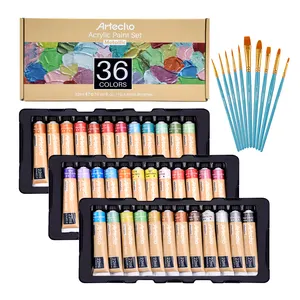 Juego de pintura acrílica Artecho, de 36 colores, Kit de pintura metálica de 22ml/0,74 oz con 10 pinceles, suministros para lienzo