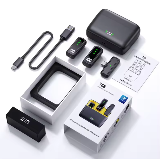 T68 2.4G Mini Wireless Microphone Lapel Type 1-Drag-2 Microphone for Mobile Phone for Recording Live Streaming Shoot Short Video