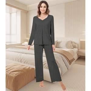 Conjunto de pijama personalizado para mujer, manga larga, cuello en V, con pantalones, ropa de dormir de punto suave, conjunto cómodo de 2 piezas para mujer - Product Image 3