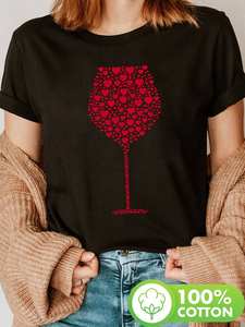 T-shirt da donna per San Valentino con stampa di bicchiere di vino e cuore rosso, a maniche corte, casual, 100% cotone, girocollo, vestibilità comoda - Product Image 3