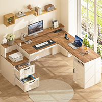 Bureau d'angle de direction style ferme avec tiroirs, étagère de rangement, prises électriques, support d'écran et étagère pour imprimante - Bois antique