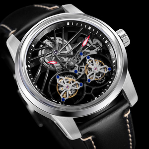 Men's Luxury Mechanical Watch Stainless Steel Case Leather Band Skeleton Dial Double Tourbillon <b>Automatic</b> <b>Wristwatch</b> 42mm - Product Image 1