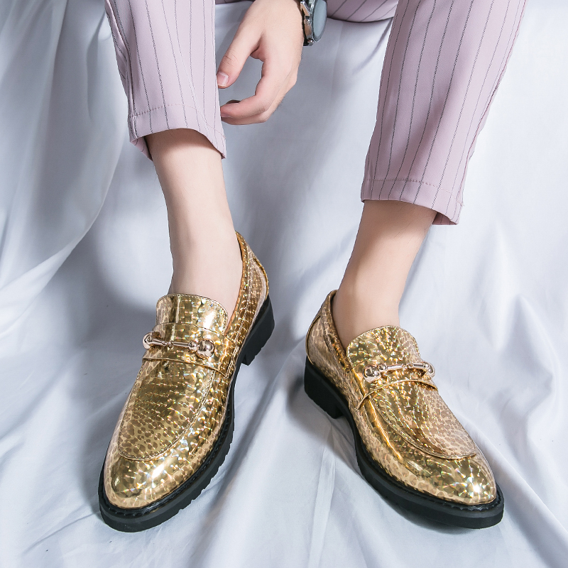 Shining Patent Leather Shoes Durable Blue Gold Pointed Toe Comfortable Loafers Mens Dress Shoes Oxfords
