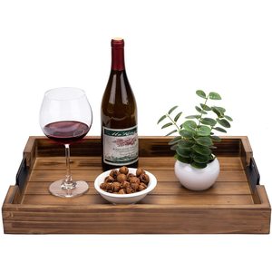 Plateau de service en bois massif avec poignée en métal, style vintage, plateau de petit-déjeuner en bois pour le thé, le café, usage hôtelier - Product Image 3
