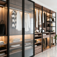 Armoire moderne industrielle Balom Anhui avec porte en verre, placard en bois, chambre à coucher, dressing avec éclairage LED