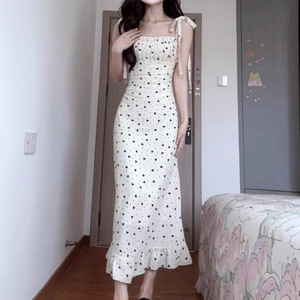 White Polka Dot Slip Dress Square <b>Neck</b> Tight Waist Breathable Long Dress For Women Casual Daily Wear - Product Image 1