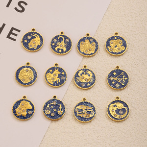 Nuevos Colgantes Geométricos Redondos de Moda en Oro de 18k, Dijes de Acero Inoxidable con Esmalte por Goteo DIY de los 12 Signos del Zodíaco para Collar y Pulsera - Product Image 3
