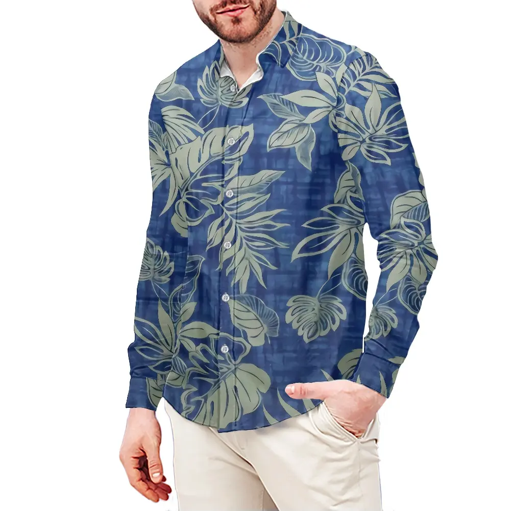 7XL Hot Sale Black Polynesian Tribal Print Long-Sleeve Shirt Monstera Leaf Tropical Floral Mens Shirt With Button Trend Club Top