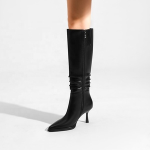 Bottes hautes noires froncées à <span class=keywords><strong>talon</strong></span> aiguille et bout pointu <span class=keywords><strong>pour</strong></span> femme Moncheer, avec fermeture éclair, rehaussantes, <span class=keywords><strong>pour</strong></span> l'été, l'hiver et l'automne - Product Image 2