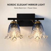 Lampu Cermin LED dengan Kap Lampu Kaca Bunga Biru Gradasi Elegan Nordik Modern, Dilengkapi Dudukan Dinding untuk Kamar Mandi dan Toilet Hotel