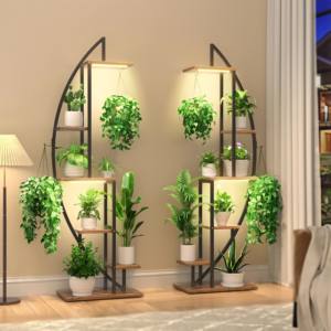 Nueva llegada elegante media luna en forma de 5 niveles de metal y soporte de flores de madera con luces de cultivo para la decoración del hogar sala de estar - Product Image 6
