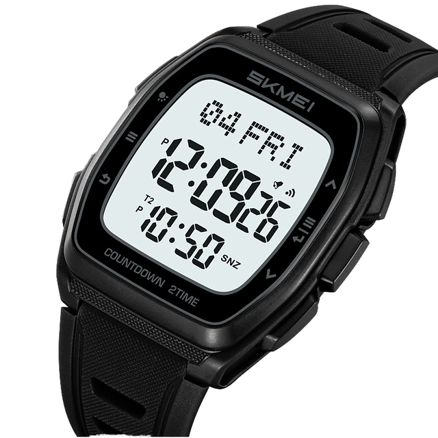 Skmei 2441 Men's Digital Watch Alloy Case PU Strap Waterproof Heart Rate Monitor Alarm World Time 12/24 Hour Sports Watch