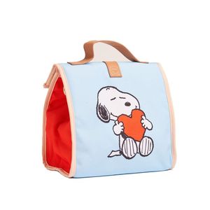 Sac isotherme LIFESTYLE Snoopy Love Design avec extérieur en tissu Oxford bleu clair, intérieur rouge, poignée marron pour pique-nique - Product Image 1