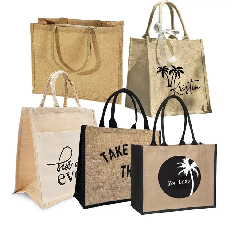 الجملة تخصيص المطبوعة صديقة للبيئة الأزياء قابلة لإعادة الاستخدام حقيبة حمل على الشاطئ البقالة التسوق الجوت أكياس مع سحاب