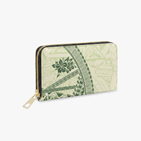 Dompet Panjang Resleting Motif Bunga Tiare Putih di Latar Belakang Abu-abu Vintage, Cetakan Tribal Polinesia, Dompet Uang Wanita PU, Cetakan Kustom