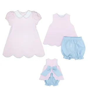 Sommer Peter Pan Kragen Puffärmel Baby Mädchen Kleid rosa kariert Seersucker Geschwister Übereinstimmung Bloomers-Set für Kinder Mädchen