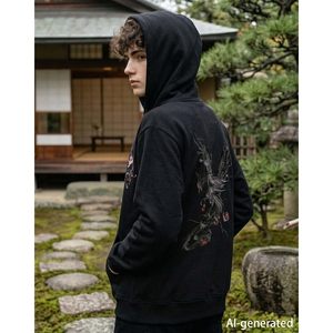 FOXA Men's Embroidered Hoodie Black <b>Dragon</b> Design Regular Sleeve Knitted Polyester Sweatshirt - Product Image 4