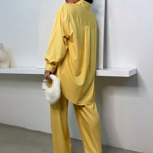 Women's Collared Long-Sleeved Shirt With Elastic Waist and Striped Pant Legs, 2-Piece <b>Set</b> Fashion - Product Image 3