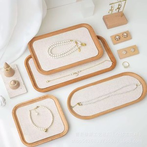 Solid Wood Jewelry Display Tray Linen Lined Rectangle Square Oval For <b>Necklace</b> <b>Ring</b> Earring Photography Props - Product Image 2