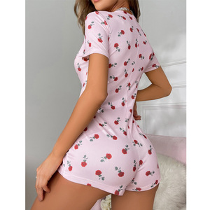 Pyjama une pièce floral pour femme SMOOTH, imprimé rose d'été, col en V, manches courtes, short, vêtements de détente - Product Image 3