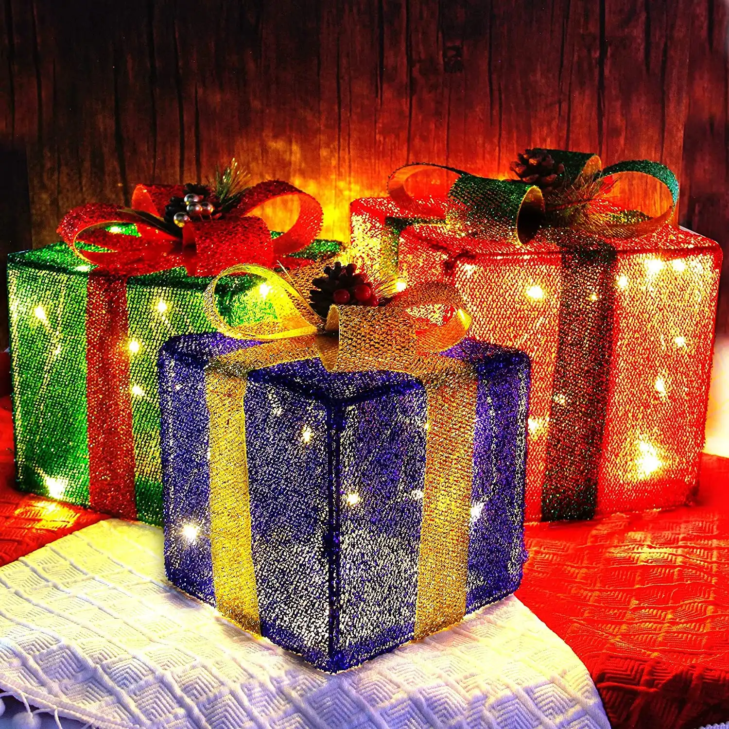 Partycool 방수 크리스마스 사전 조명 팝업 선물 접이식 상자 휴일 파티 크리스마스 홈 마당 벽난로 장식