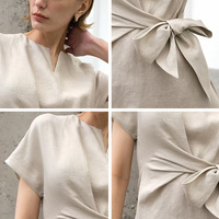 Robe midi en lin beige personnalisée, col rond, manches courtes, taille nouée, style décontracté d'été, OEM