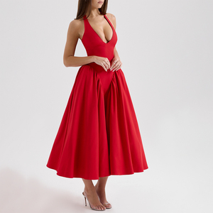 Abito Midi Rosso in Twill con Collo Halter per Donne, Elegante Vestito da Cocktail, Abito Elegante da Festa, Vendita all'Ingrosso - Product Image 3