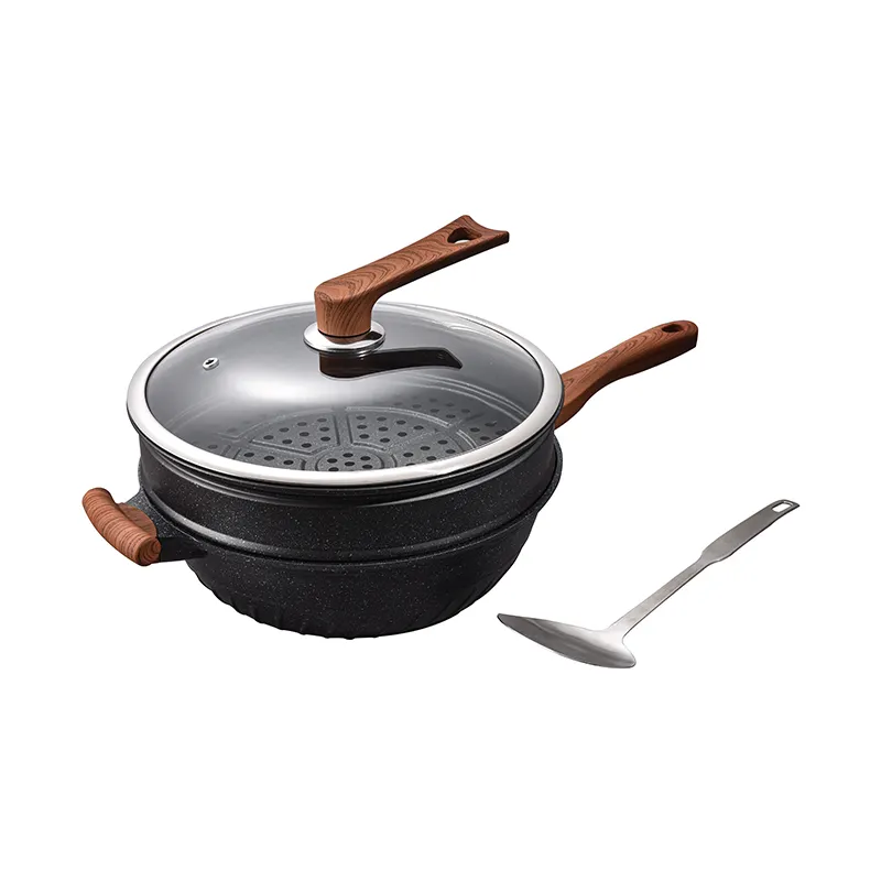 2022 new design nonstick stone kitchenware aluminum induction chinese wok pan with steamer basket