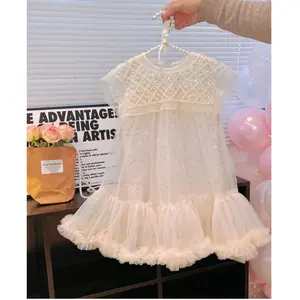 Robe pour filles Robe d'été pour enfants en maille française perlée à paillettes Robe tutu d'anniversaire à grand revers Robe de princesse