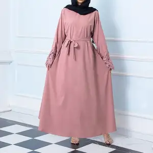 新着ピンクレースアップマキシドレスレディースイスラム教徒の服刺Embroidery長袖アバヤ女性イスラム教徒のドレストルコスパンコールローブ