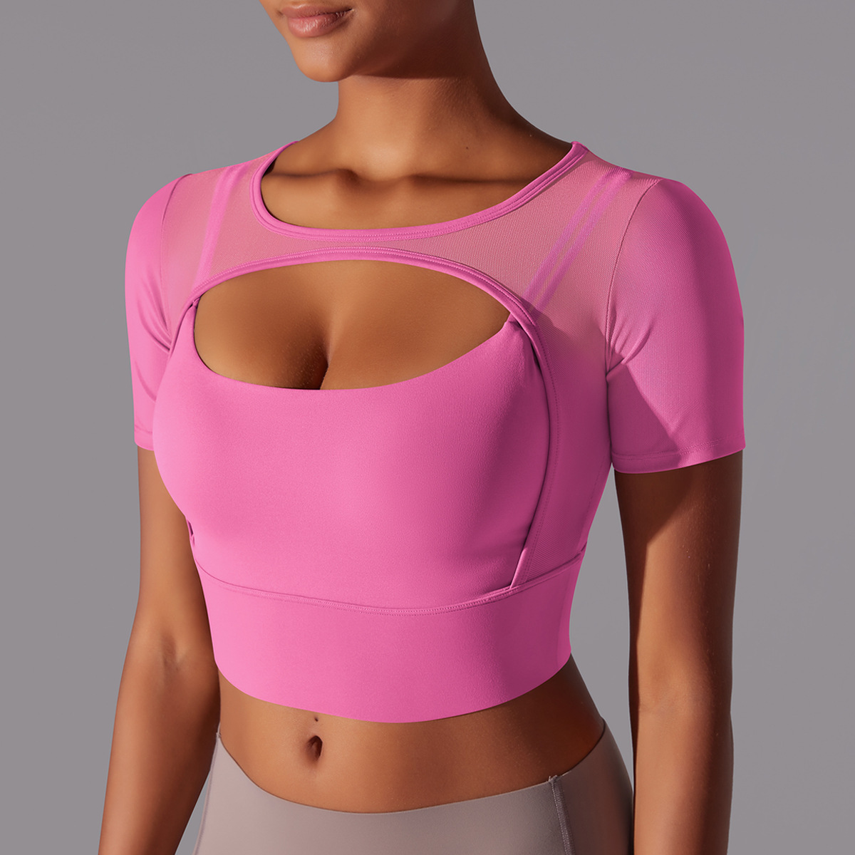 Solid Color Sexy Mesh Breathable Running Sports Yoga Short Sleeve Bra Running Fitness Yoga Top Woman